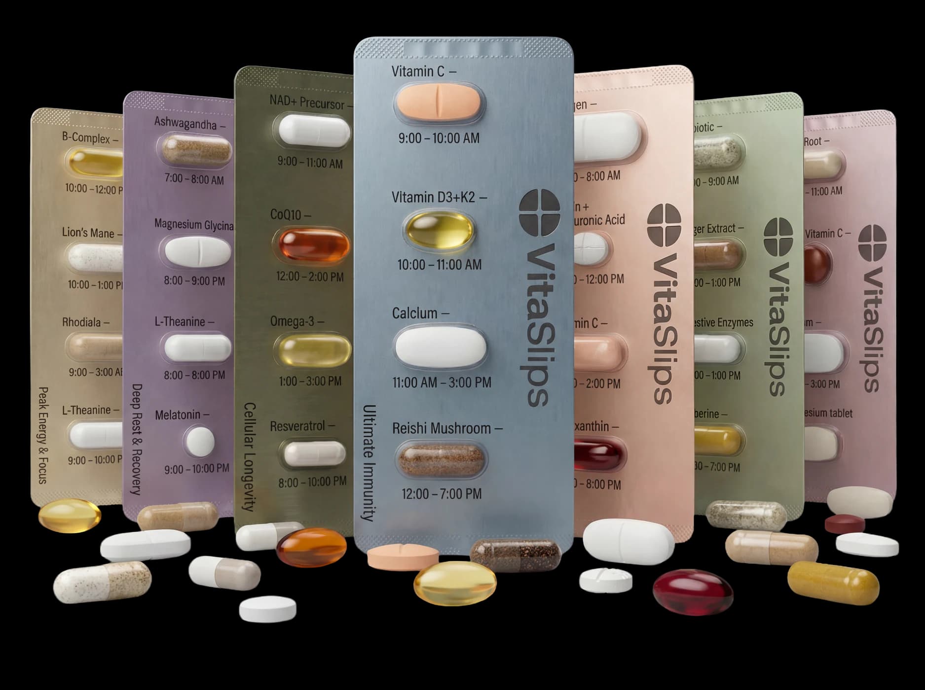 VitaSlips — seven personalized supplement slips with timed dosing