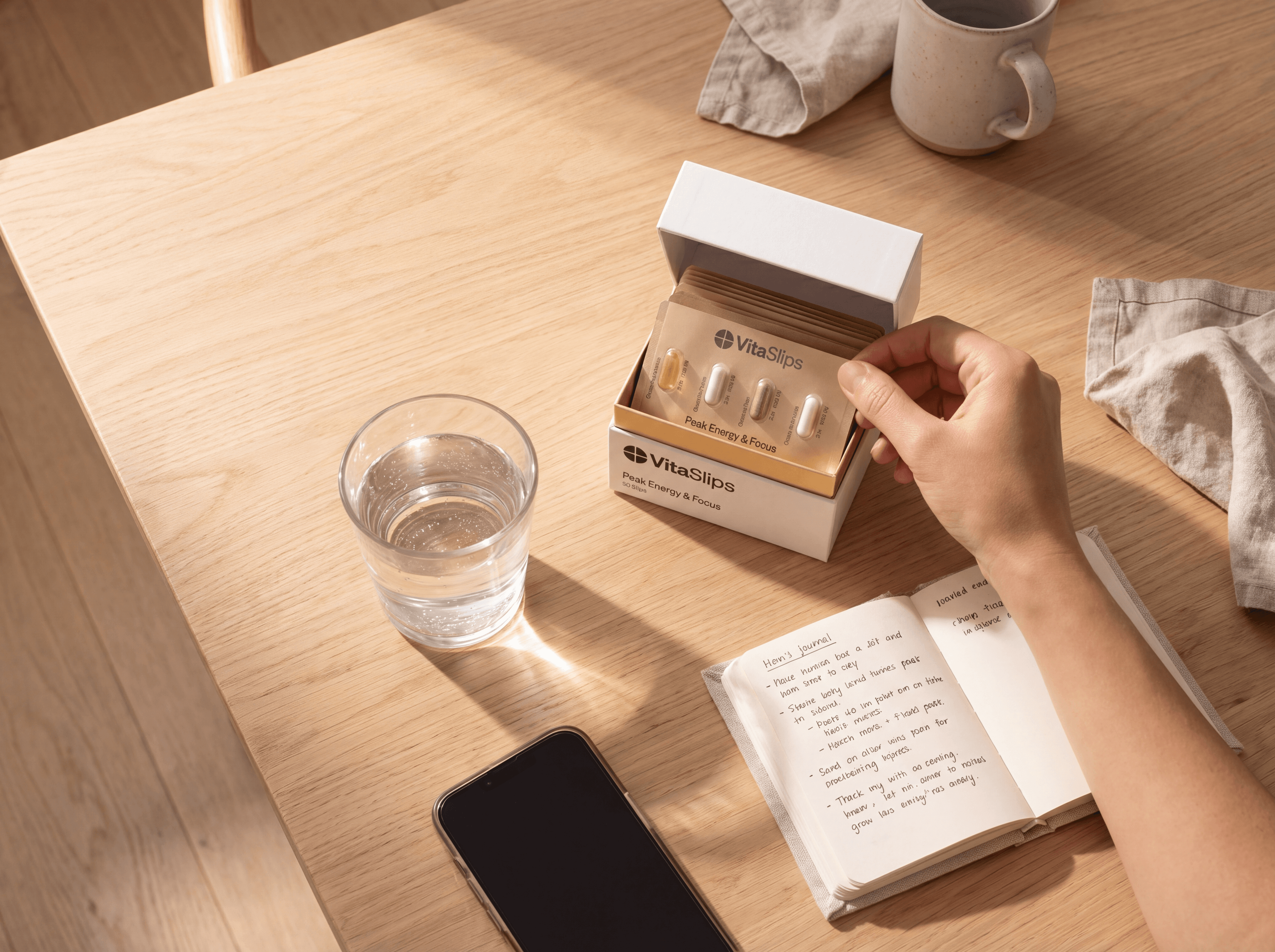 VitaSlips box and slip with water and notebook