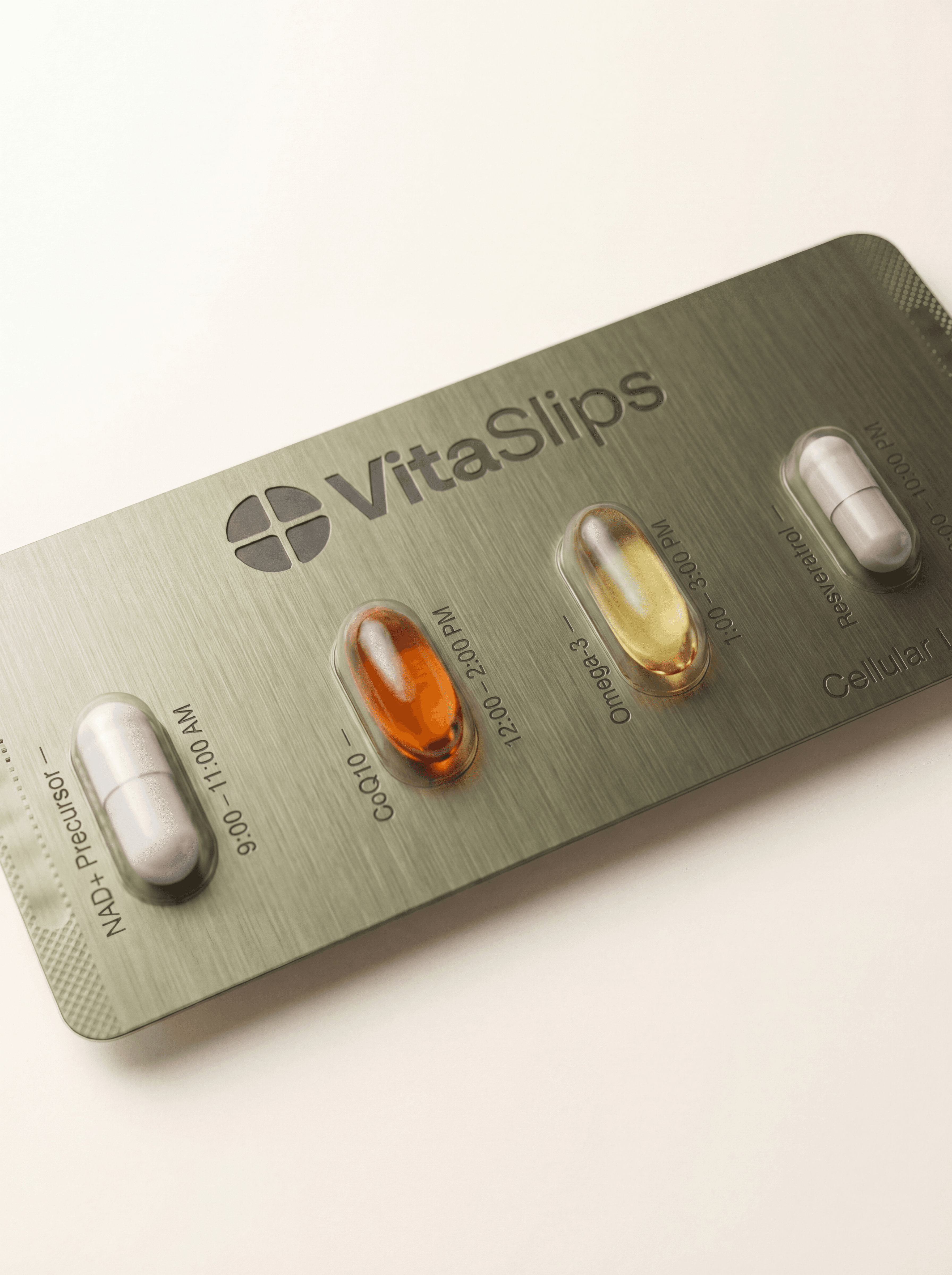 VitaSlips slip with labeled supplement slots and timed dosing